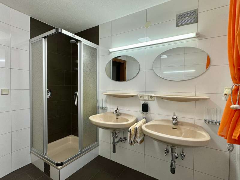 Bathroom with shower and two washbasins